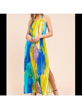G.I.L.I. Women Multi Color Halter Maxi Dress With Side Slit Size L NWT